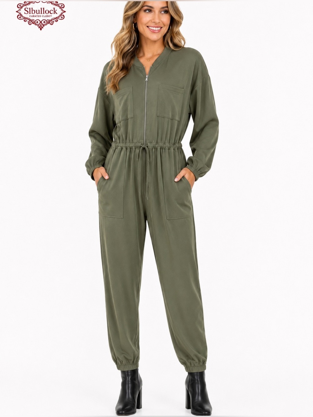E11 Express Olive Green Utility Jumpsuit L/XL Zip Front Tie Waist